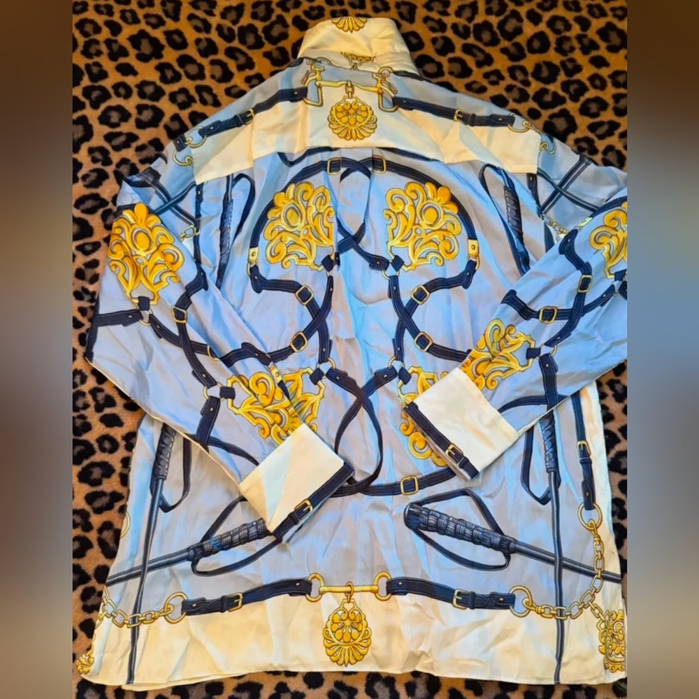 Zara Equestrian Print Blouse Ladies Medium Blue White - Picture 2 of 6